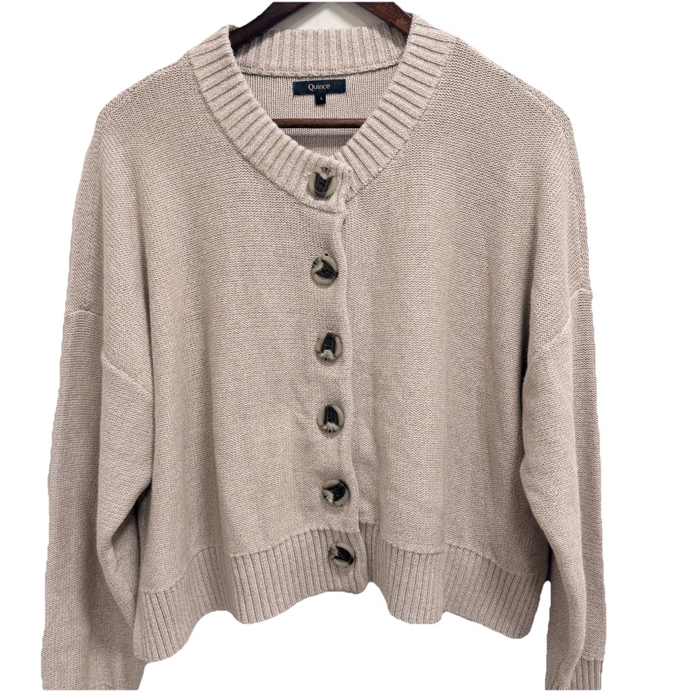 Quince 100% Organic Cotton Cropped Cardigan speckled beige/oatmeal color L - Picture 2 of 10